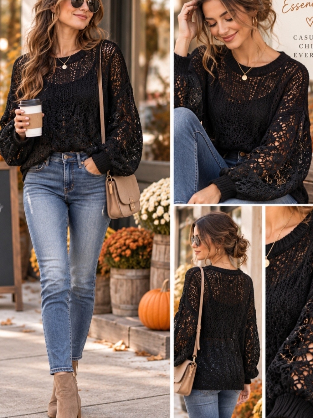 **Women’s Black Open-Knit Balloon Sleeve Sweater - Casual Chic Pit 27" Length 30